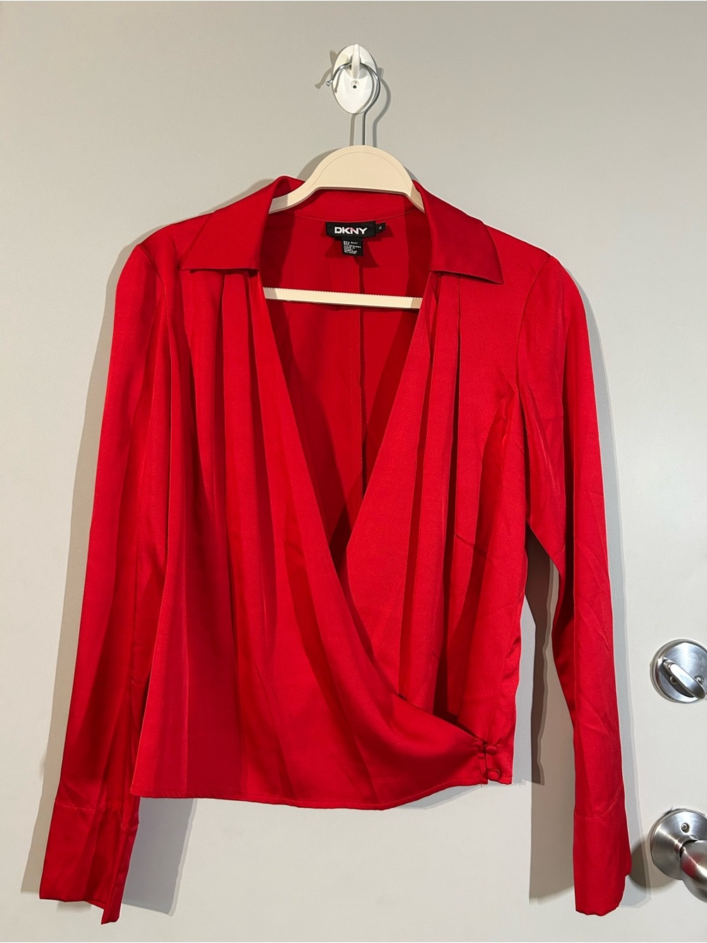 DKNY Red Wrap-Front Long Sleeve Blouse 100% silk